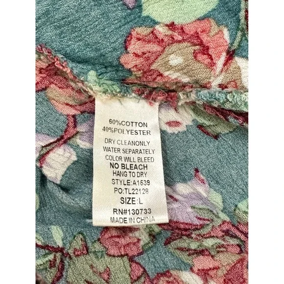 Umgee USA Womens Tunic Top Teal Floral 3/4 Sleeve Keyhole Neckline Size L‎ - Picture 5 of 9